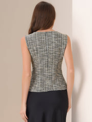Tweed Plaid Sleeveless Crew Neck Buckle Decor Blouse