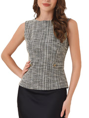 Tweed Plaid Sleeveless Crew Neck Buckle Decor Blouse