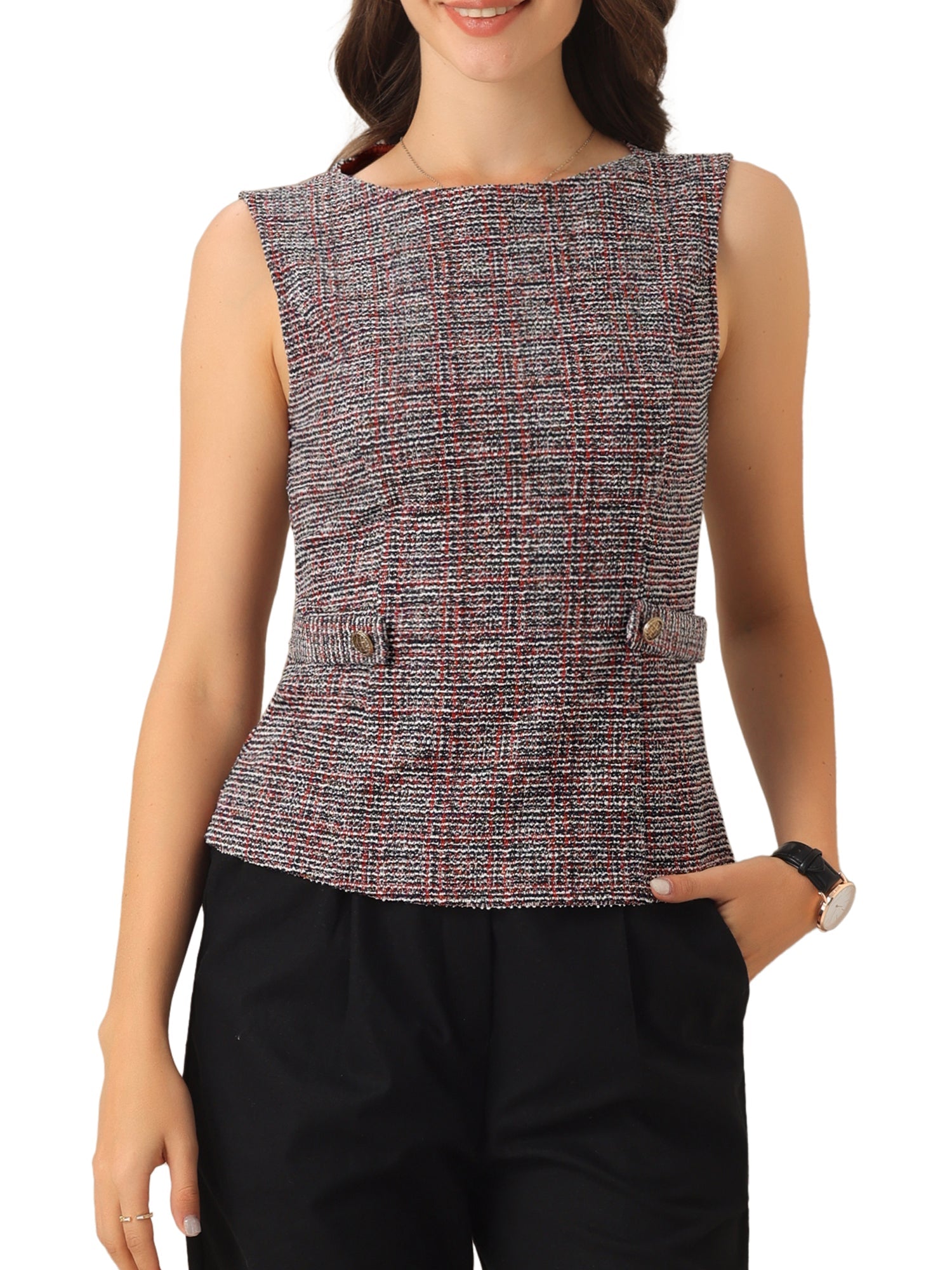 Tweed Plaid Sleeveless Crew Neck Buckle Decor Blouse
