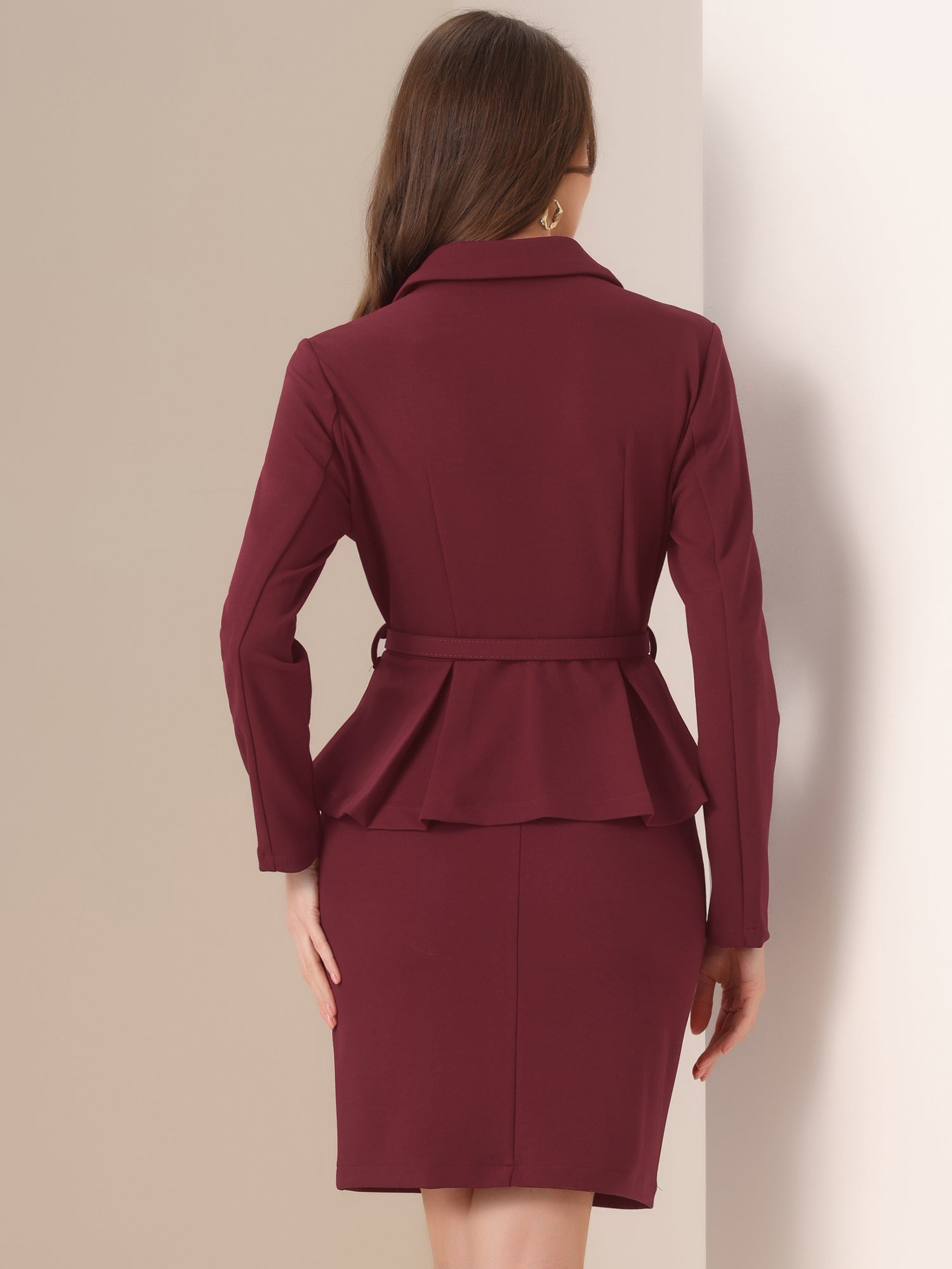 2pc Business Suits Belted Peplum Blazer Jacket and Pencil Skirt Sets