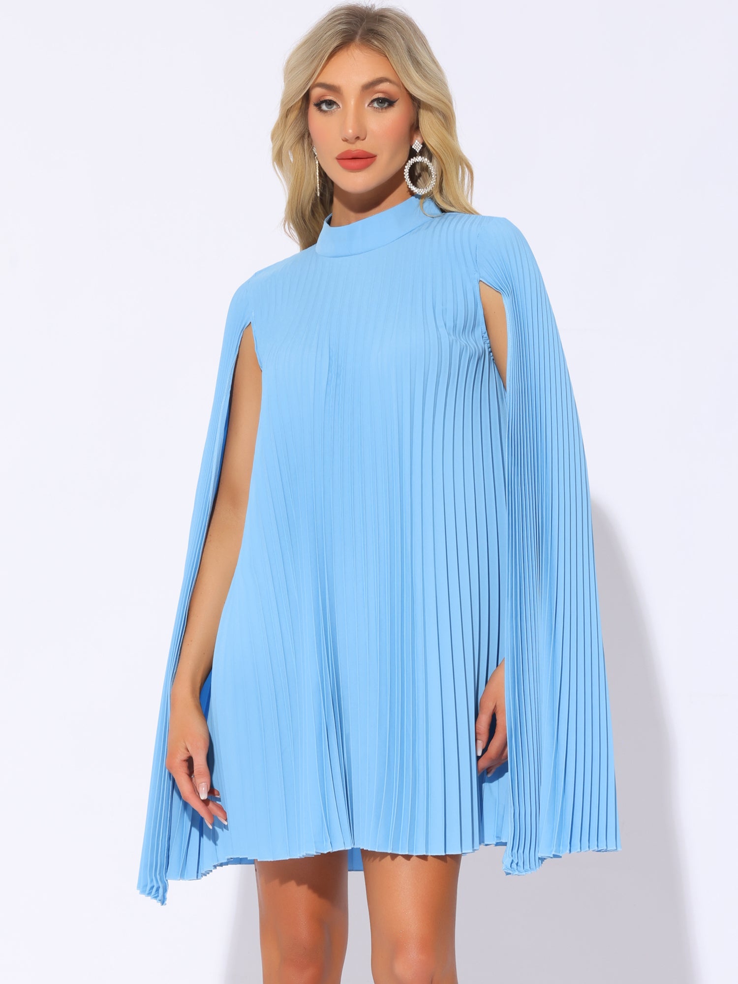 Loose Flowy Cloak Sleeve Cape Pleated Chiffon Mini Dress