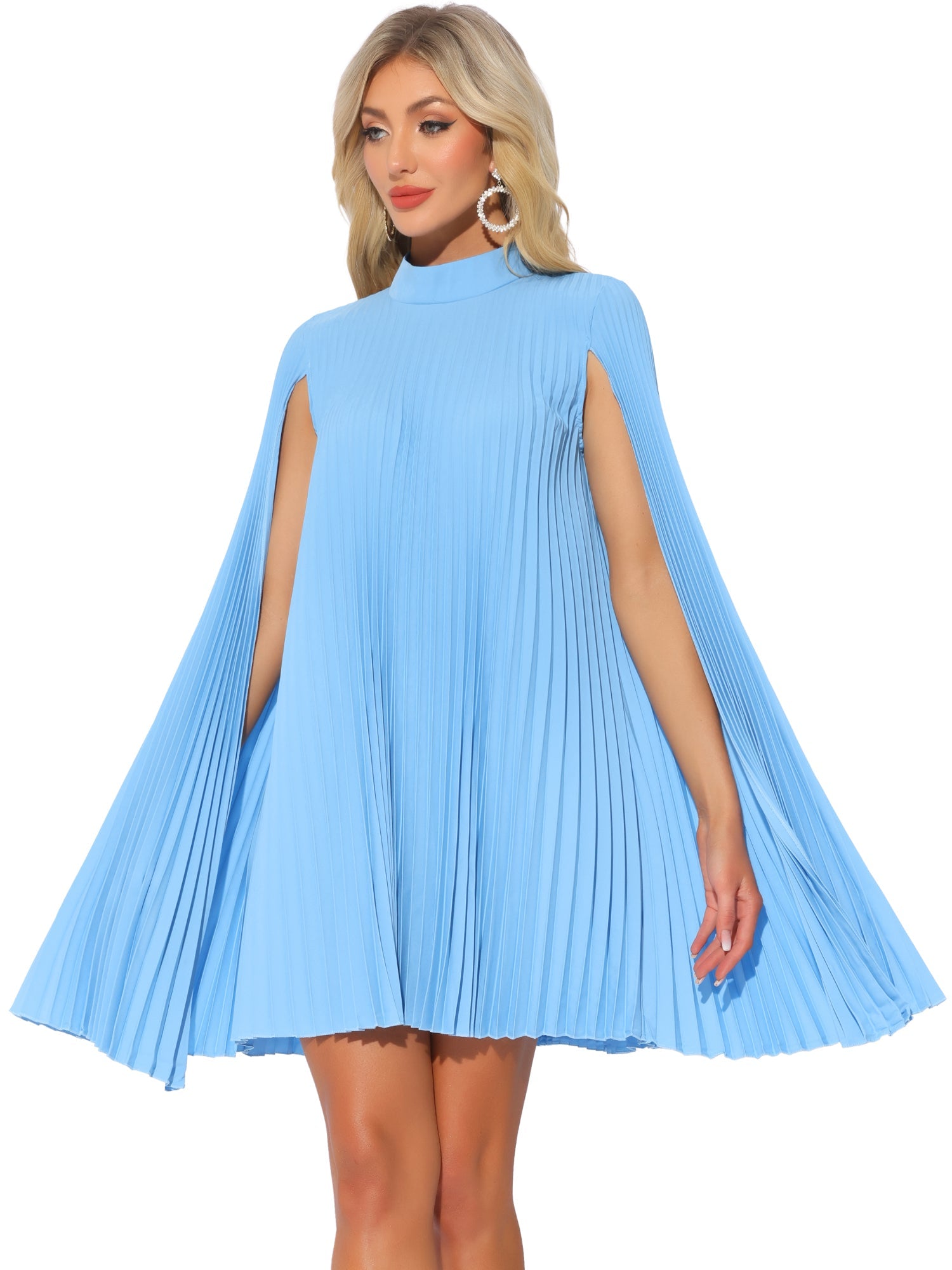 Loose Flowy Cloak Sleeve Cape Pleated Chiffon Mini Dress