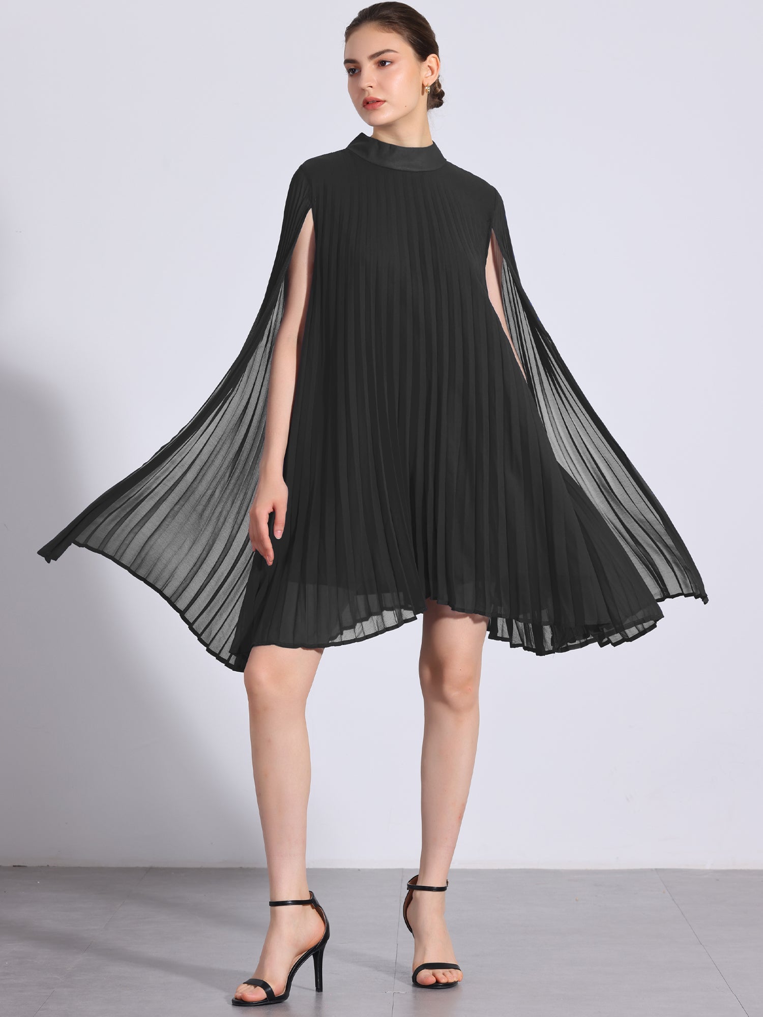Loose Flowy Cloak Sleeve Cape Pleated Chiffon Mini Dress