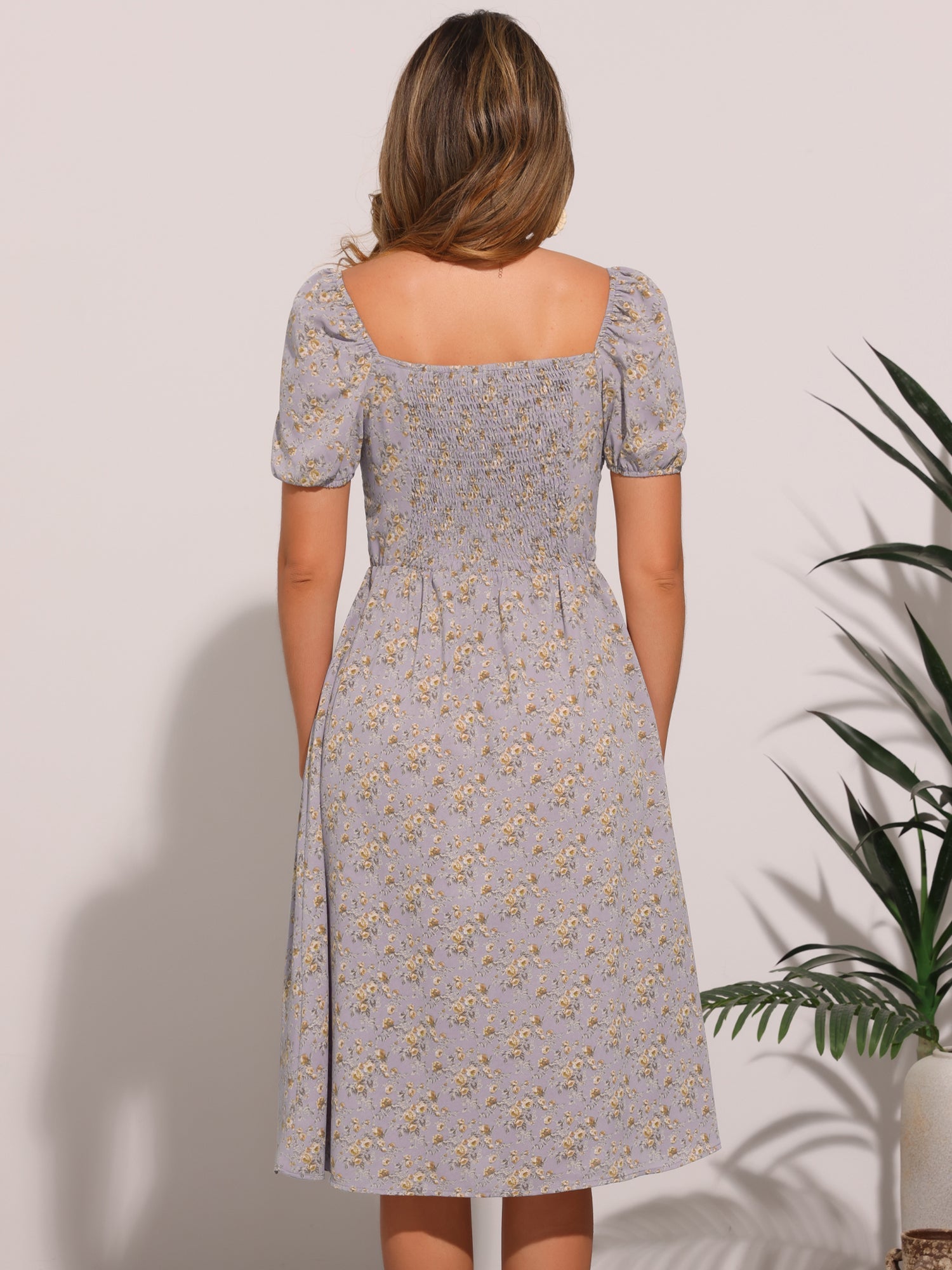 Square Neck Smocked Shirred Puff Sleeves Floral Midi Dress