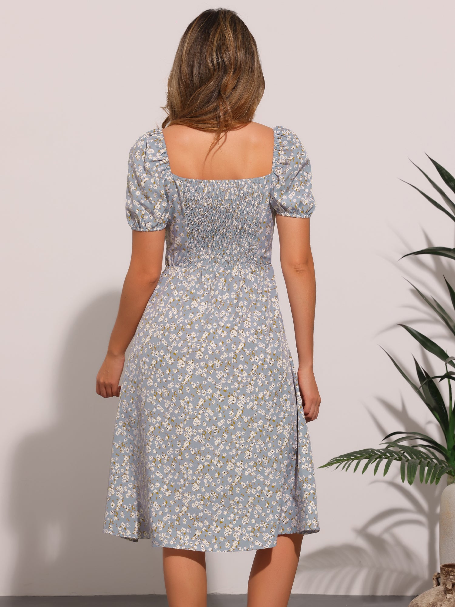 Square Neck Smocked Shirred Puff Sleeves Floral Midi Dress