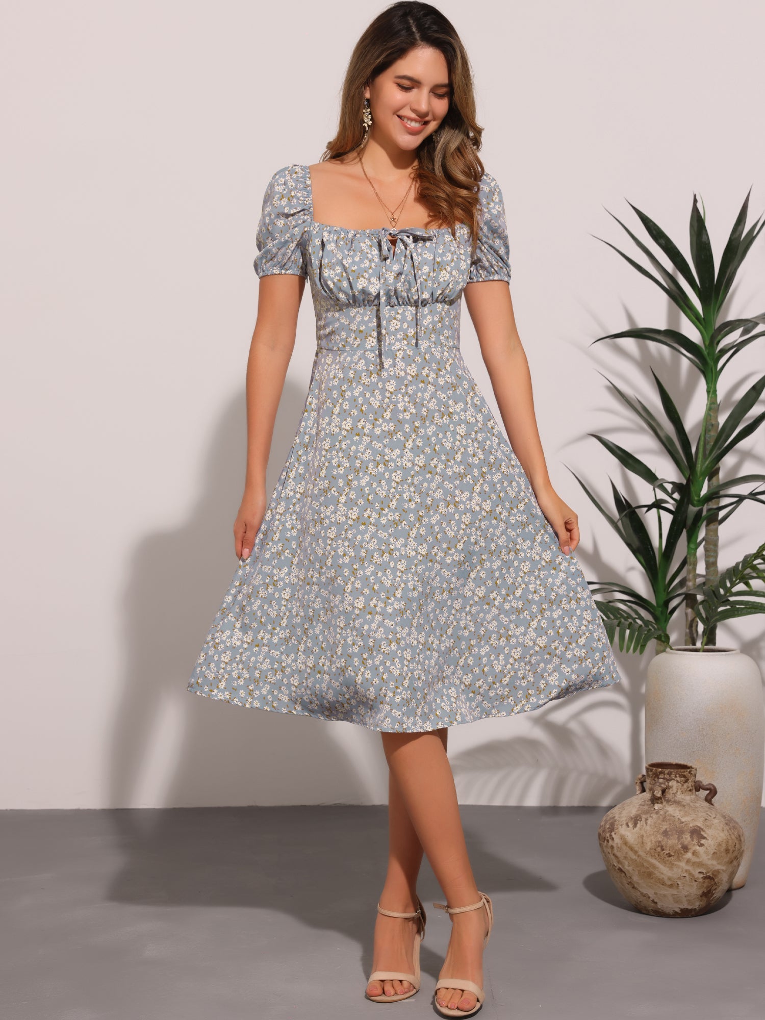 Square Neck Smocked Shirred Puff Sleeves Floral Midi Dress