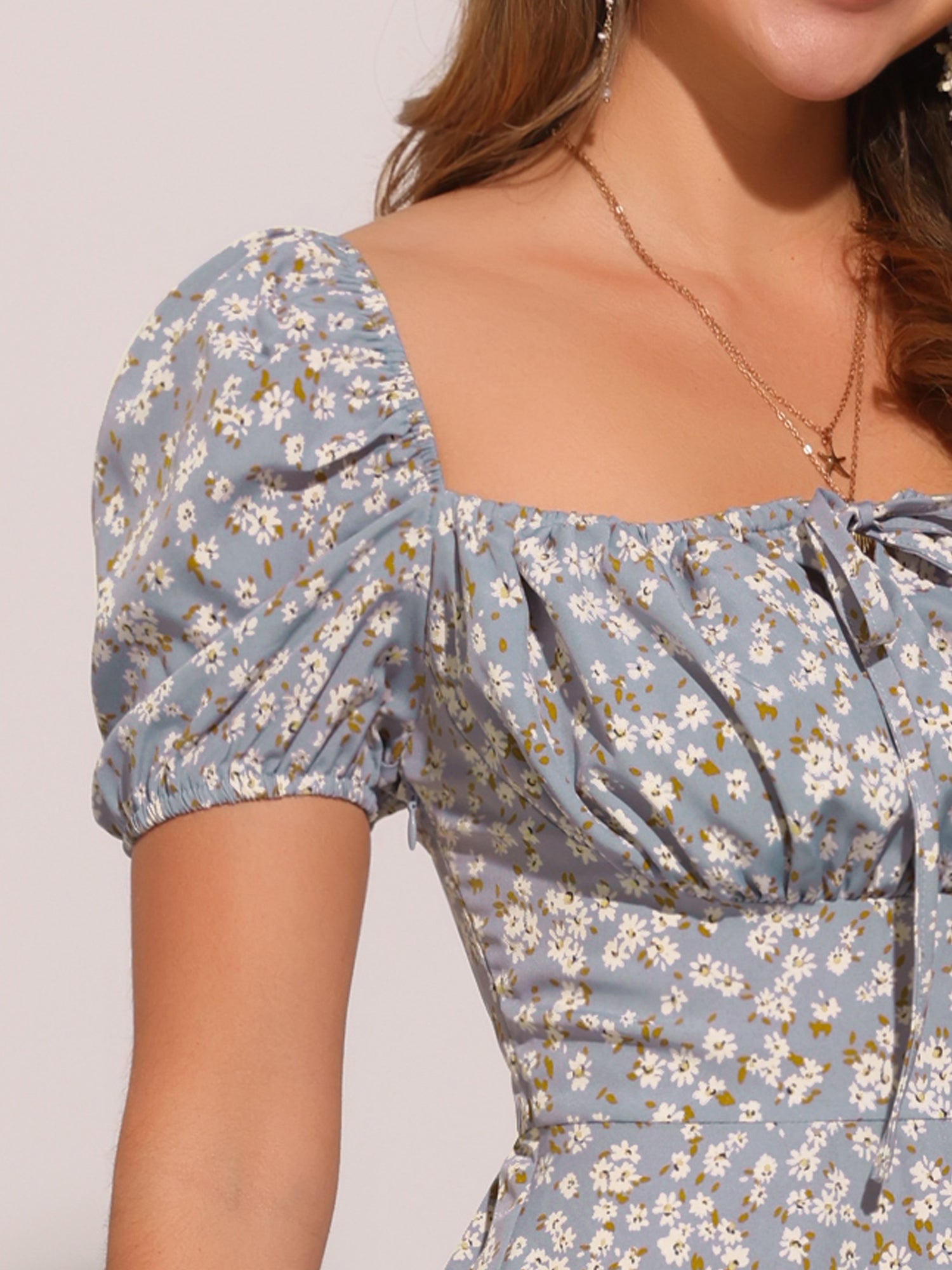 Square Neck Smocked Shirred Puff Sleeves Floral Midi Dress