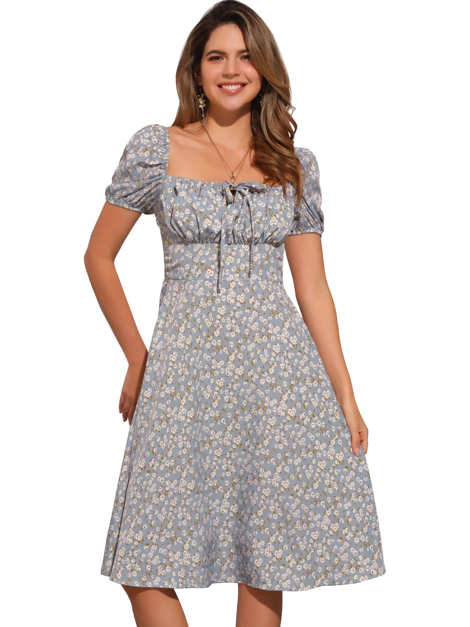 Square Neck Smocked Shirred Puff Sleeves Floral Midi Dress