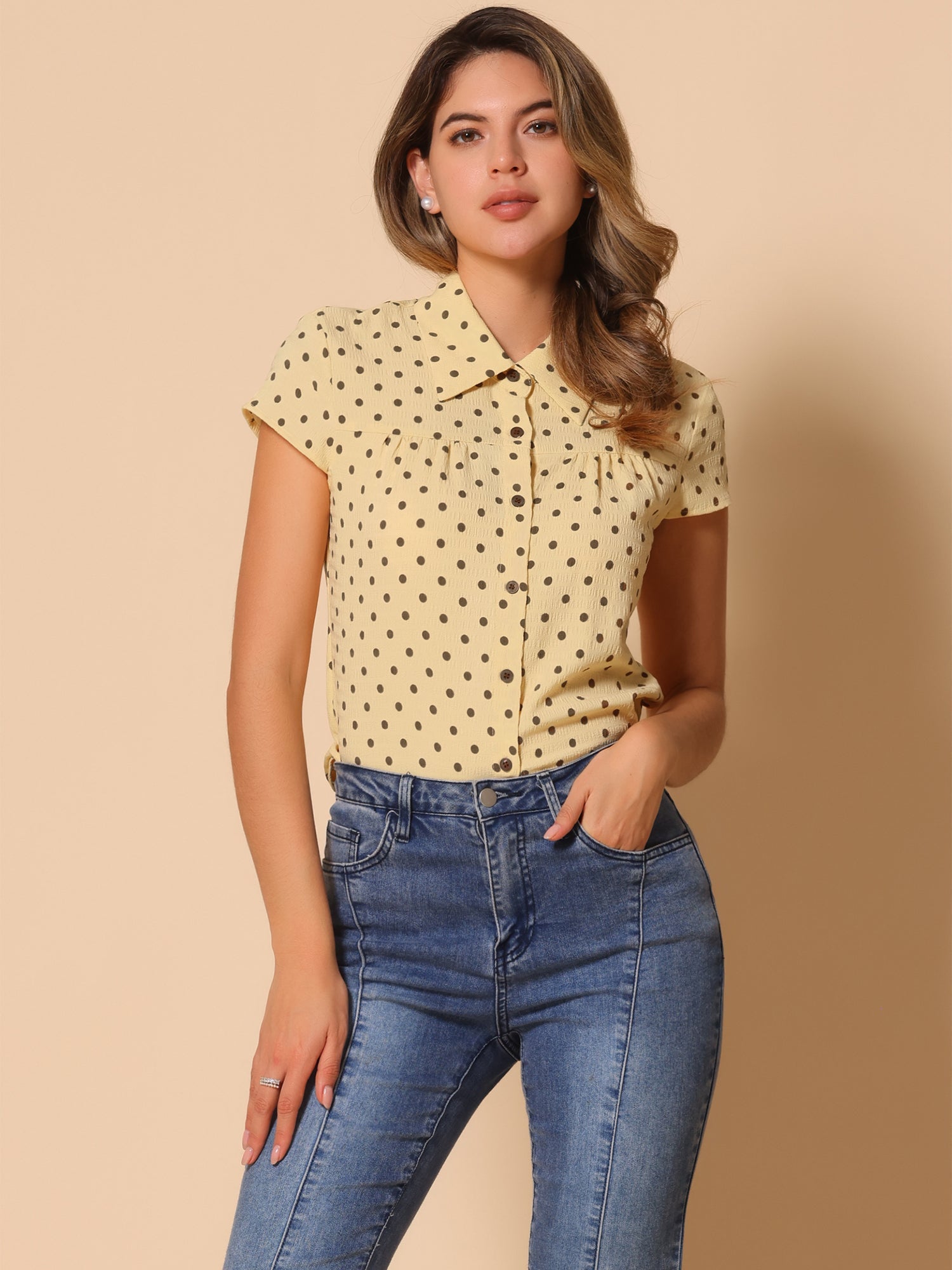 Short Sleeve Tops Vintage Polka Dots Button Up Shirt