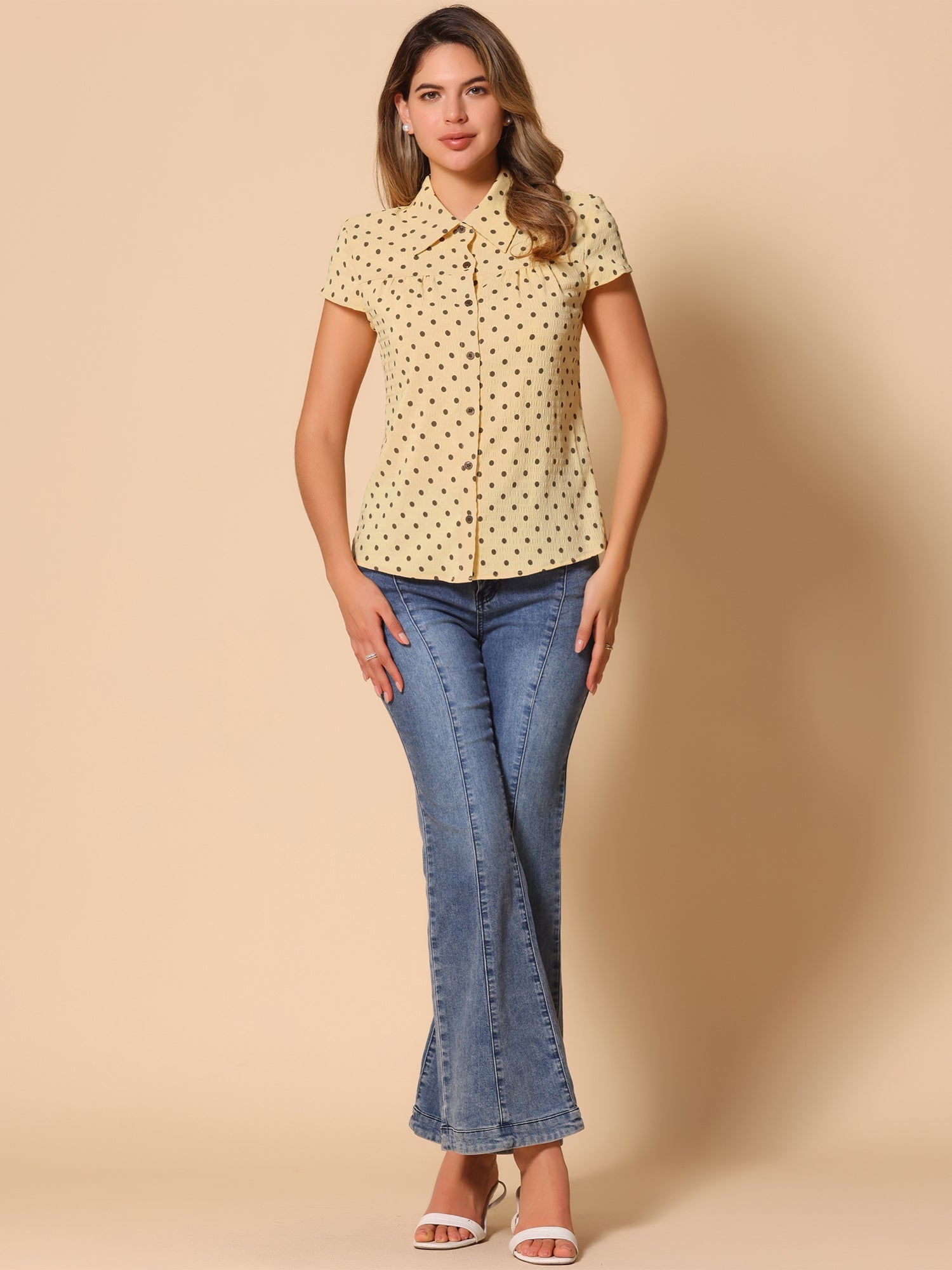 Short Sleeve Tops Vintage Polka Dots Button Up Shirt