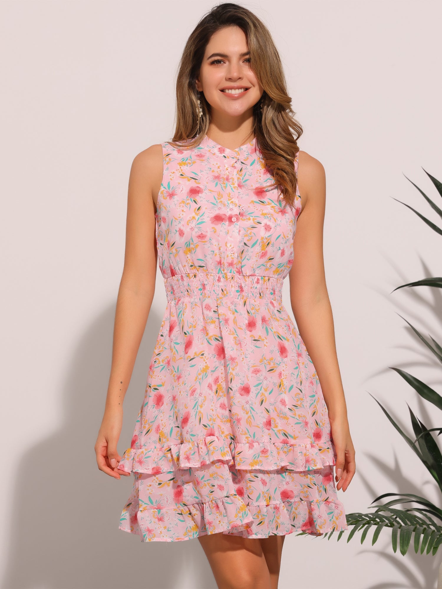 Floral A-line Smocked Waist Tiered Ruffled Chiffon Mini Dress