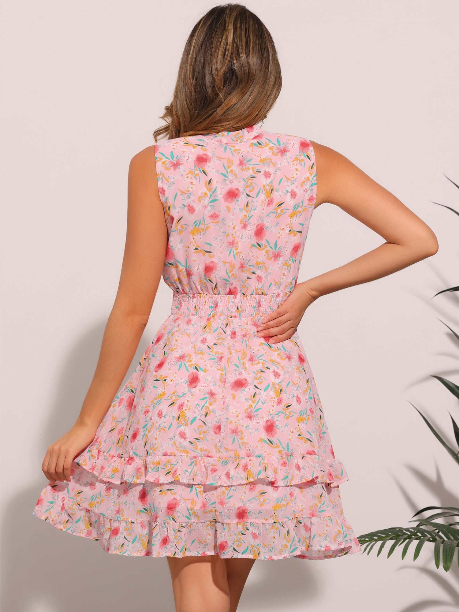 Floral A-line Smocked Waist Tiered Ruffled Chiffon Mini Dress