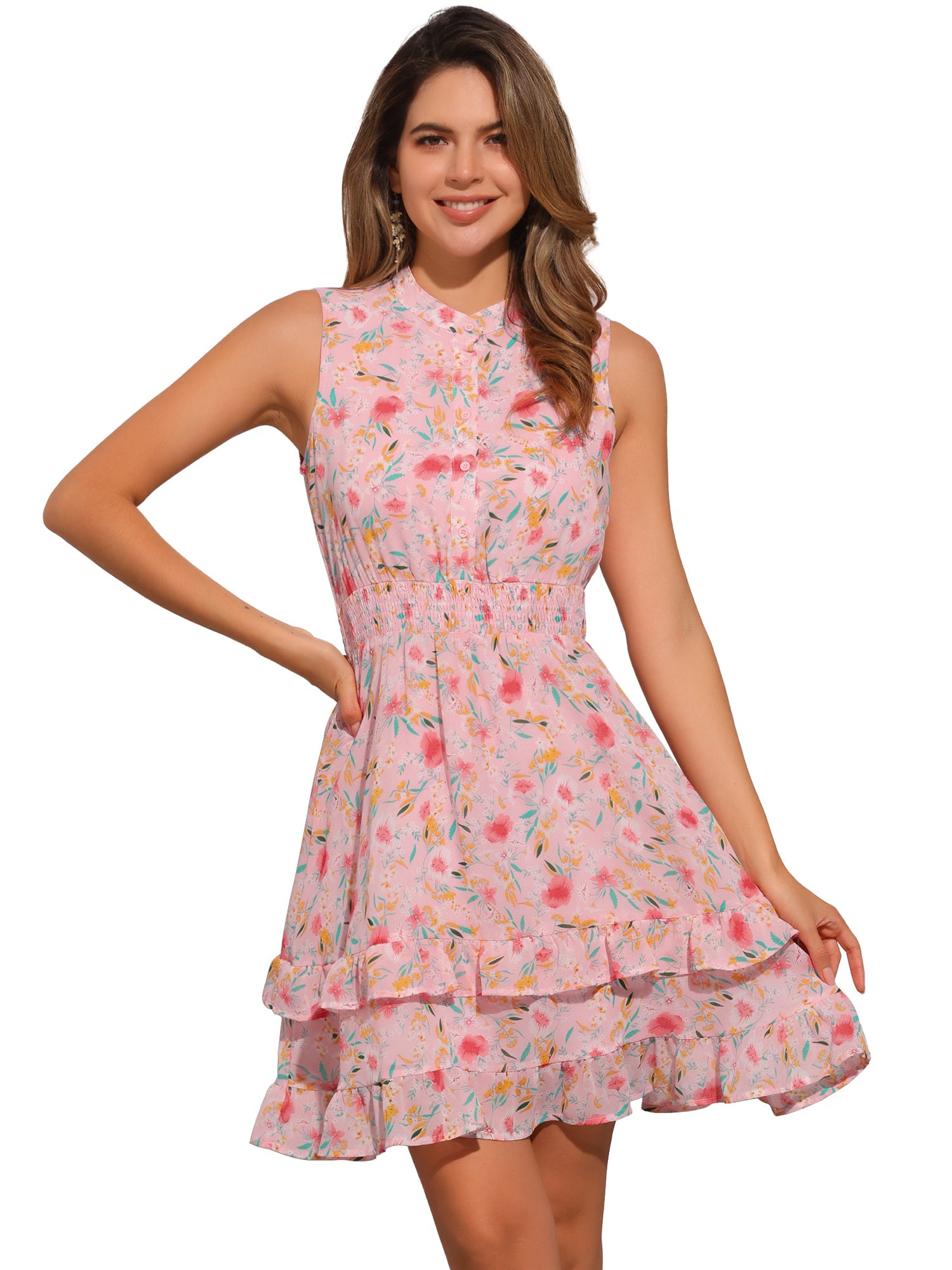 Floral A-line Smocked Waist Tiered Ruffled Chiffon Mini Dress