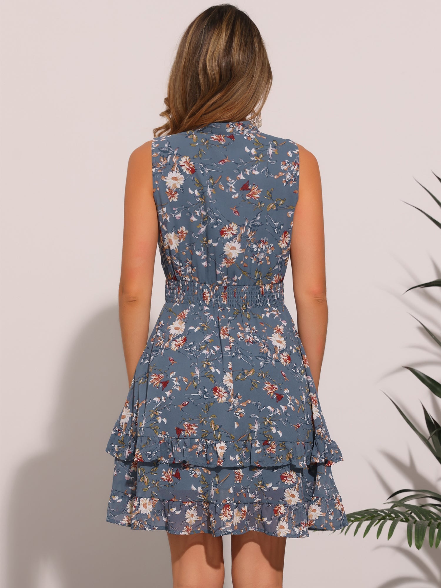 Floral A-line Smocked Waist Tiered Ruffled Chiffon Mini Dress