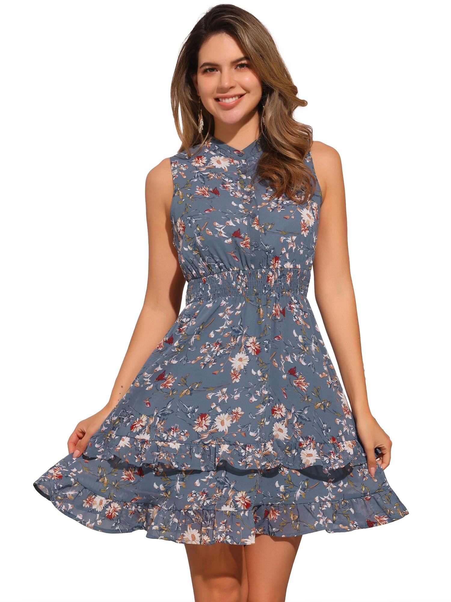 Floral A-line Smocked Waist Tiered Ruffled Chiffon Mini Dress