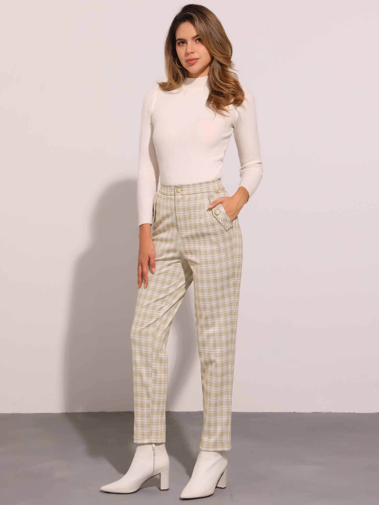 Vintage Tartan Plaid Pants Elastic Waist Straight Long Trousers