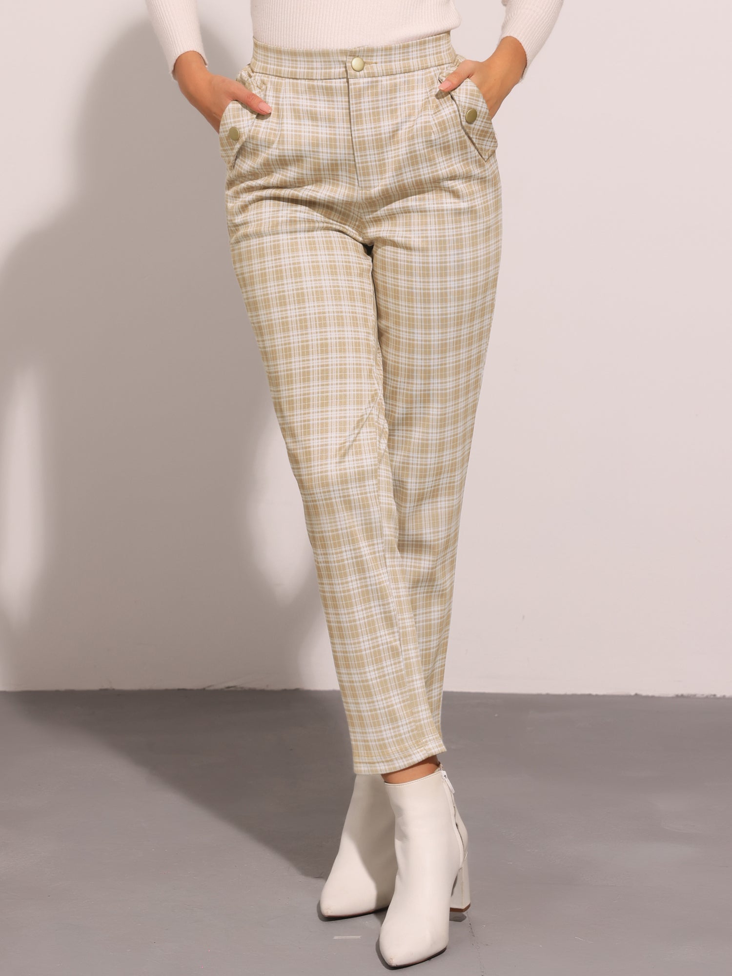 Vintage Tartan Plaid Pants Elastic Waist Straight Long Trousers