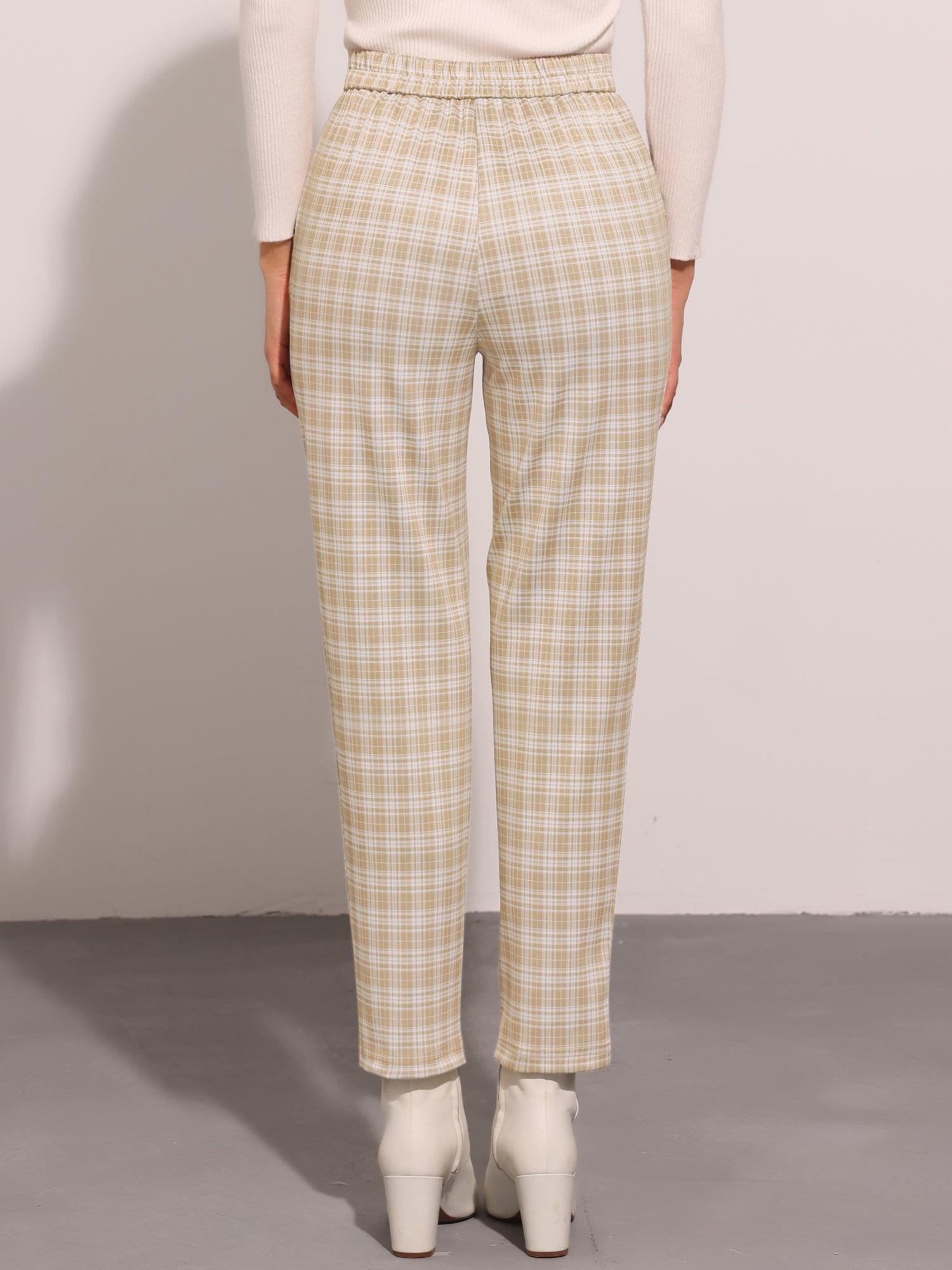 Vintage Tartan Plaid Pants Elastic Waist Straight Long Trousers
