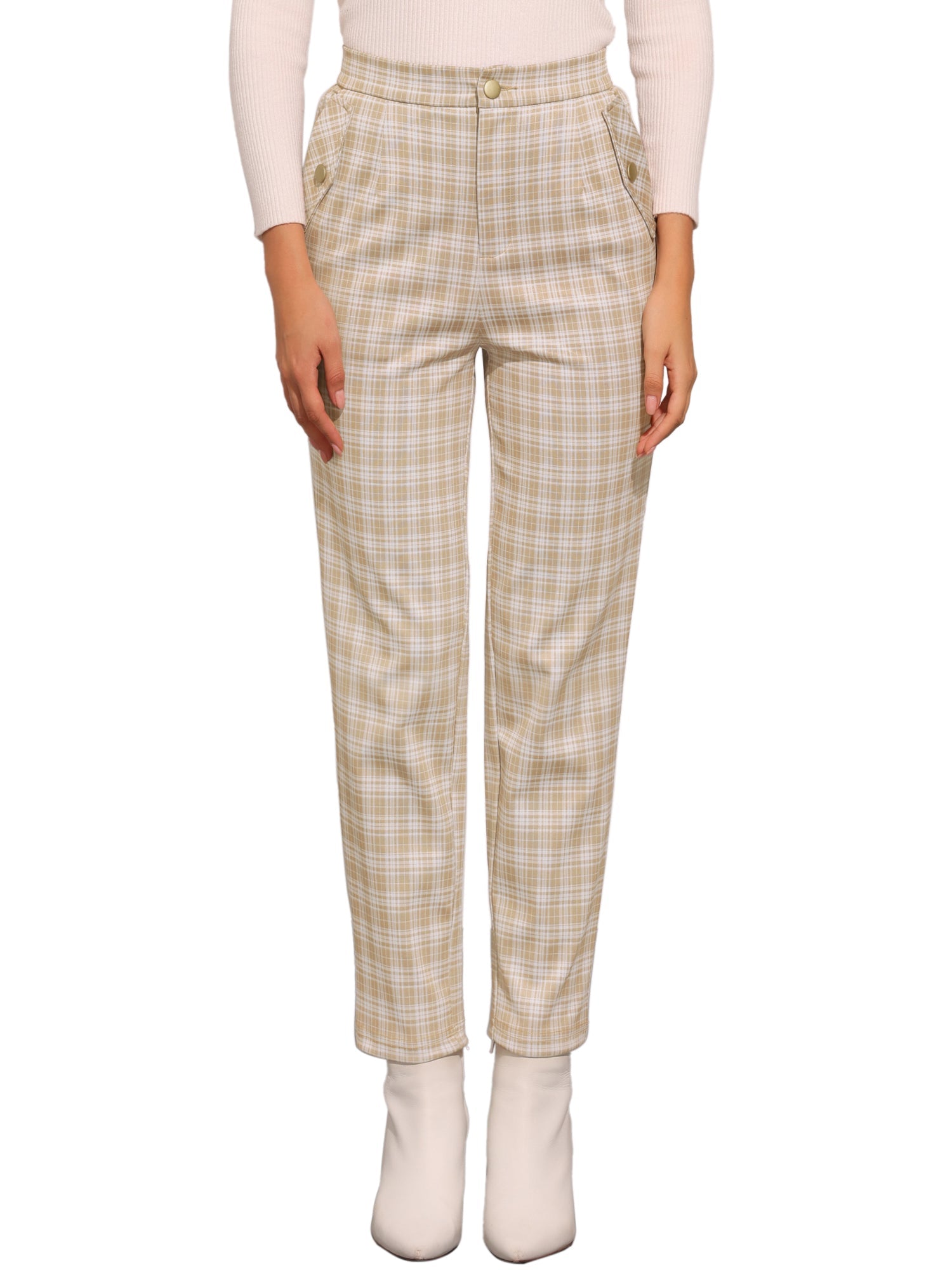 Vintage Tartan Plaid Pants Elastic Waist Straight Long Trousers