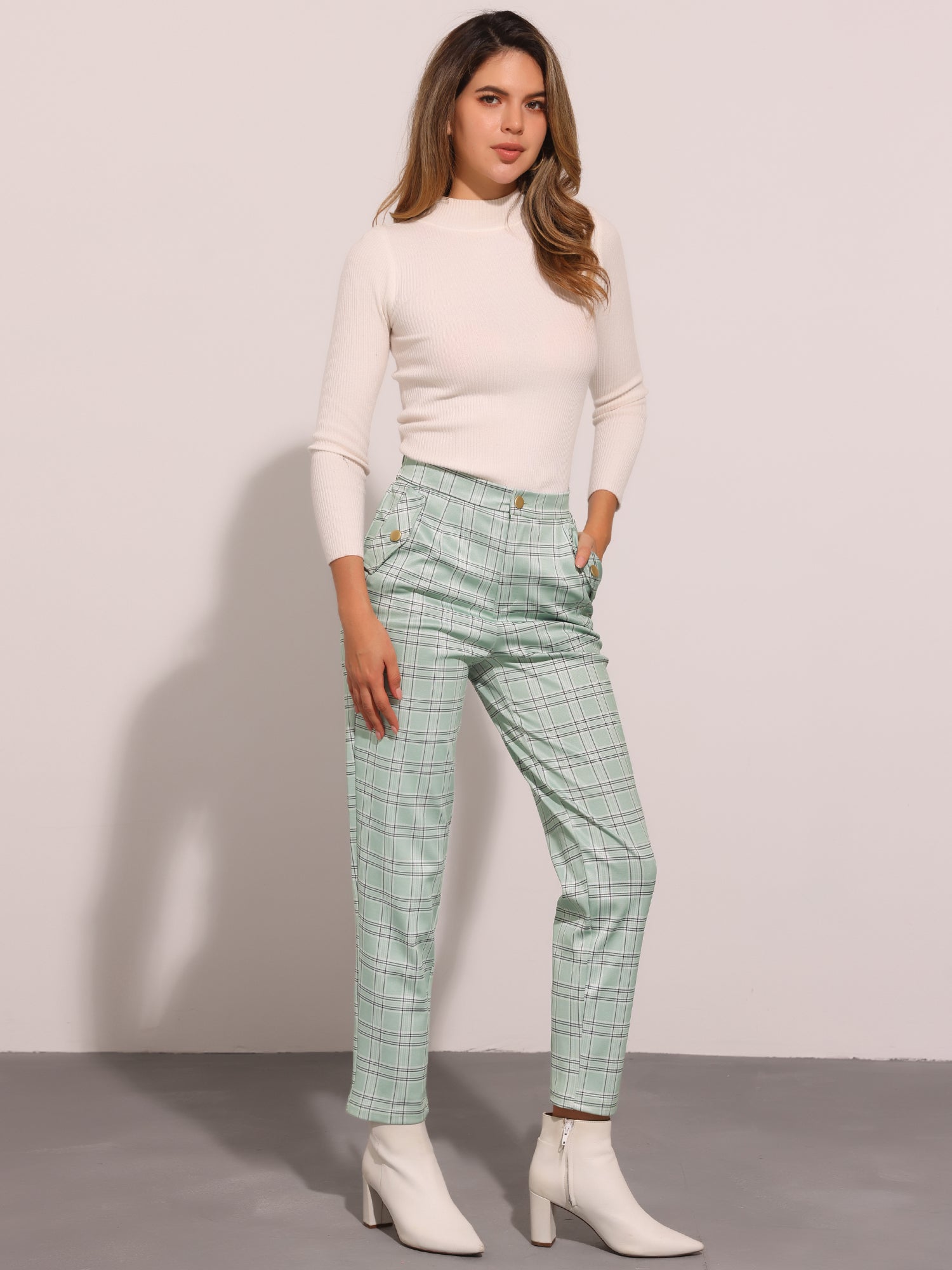 Vintage Tartan Plaid Pants Elastic Waist Straight Long Trousers