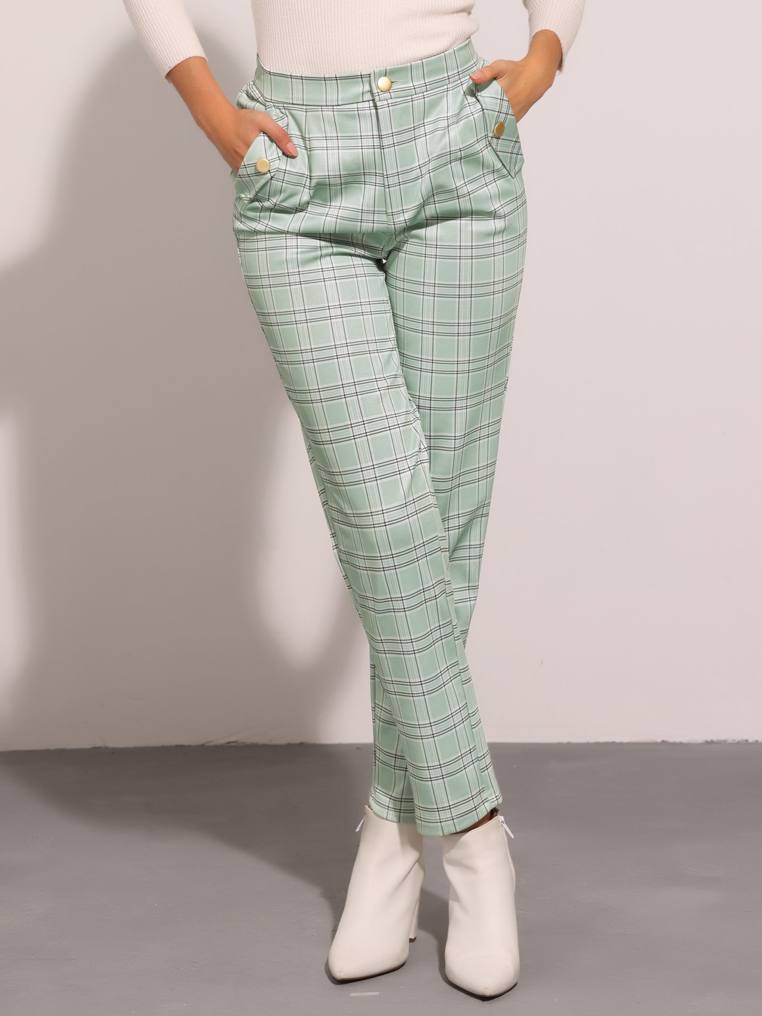 Vintage Tartan Plaid Pants Elastic Waist Straight Long Trousers