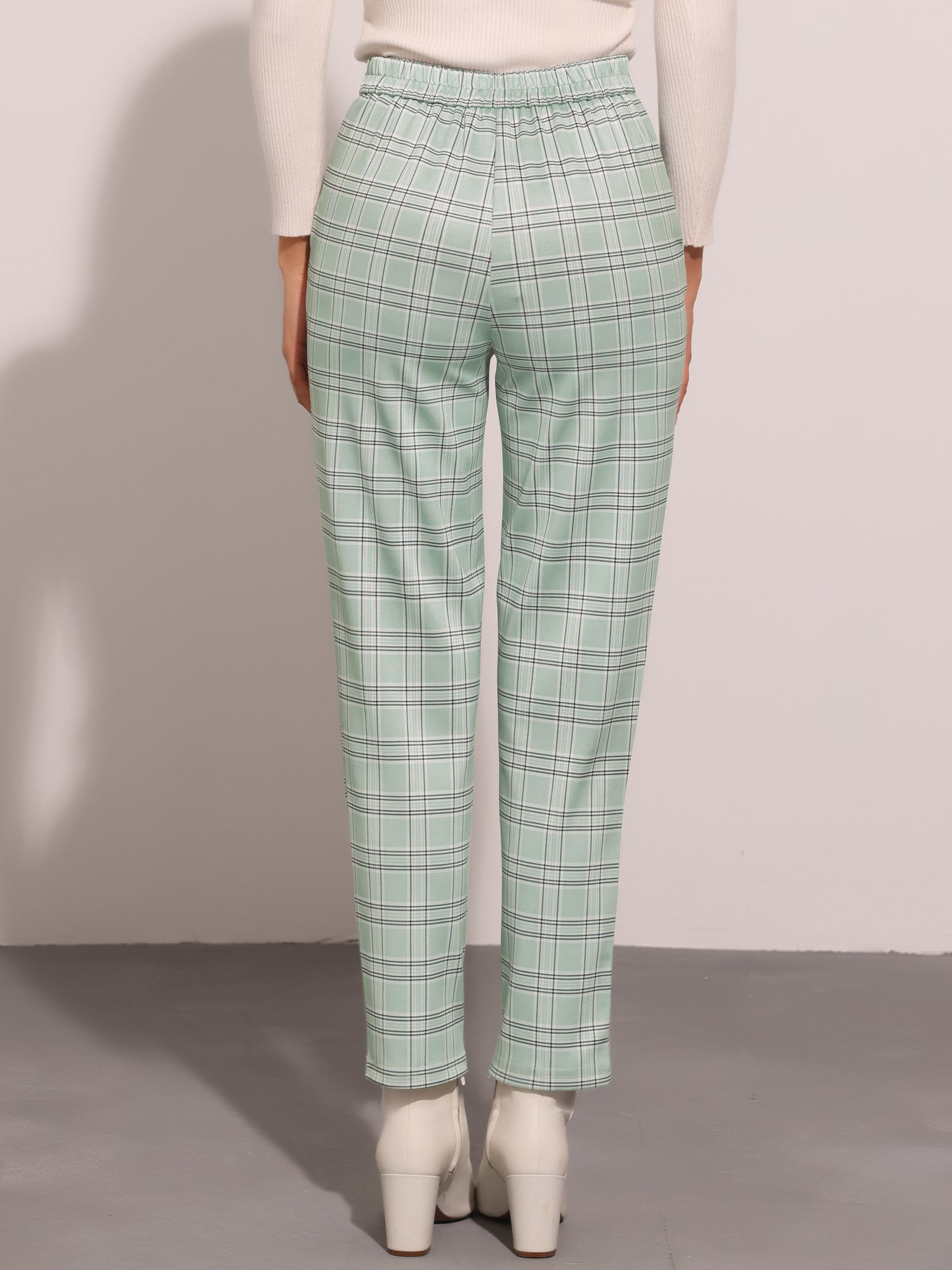 Vintage Tartan Plaid Pants Elastic Waist Straight Long Trousers