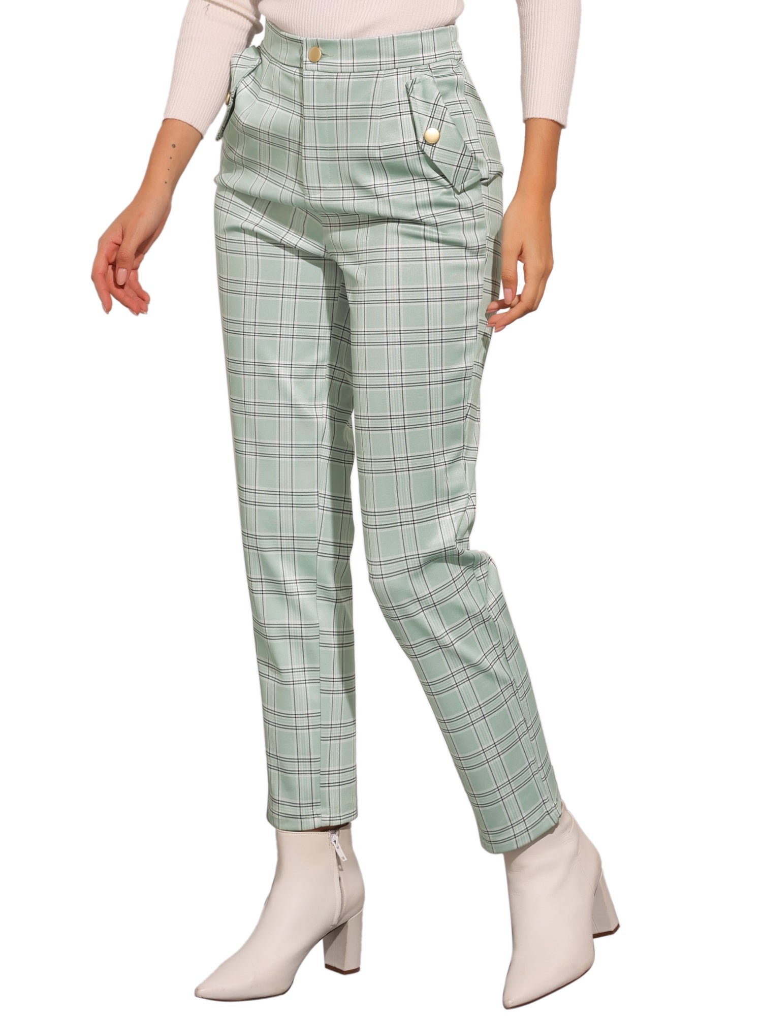 Vintage Tartan Plaid Pants Elastic Waist Straight Long Trousers