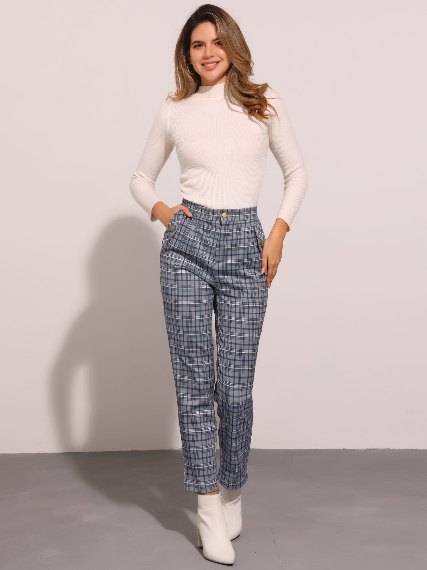 Vintage Tartan Plaid Pants Elastic Waist Straight Long Trousers