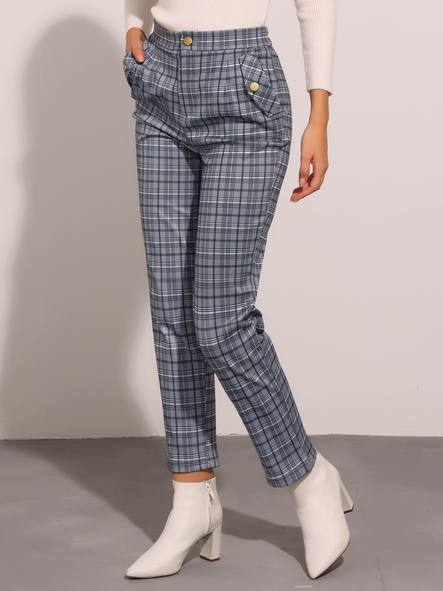 Vintage Tartan Plaid Pants Elastic Waist Straight Long Trousers