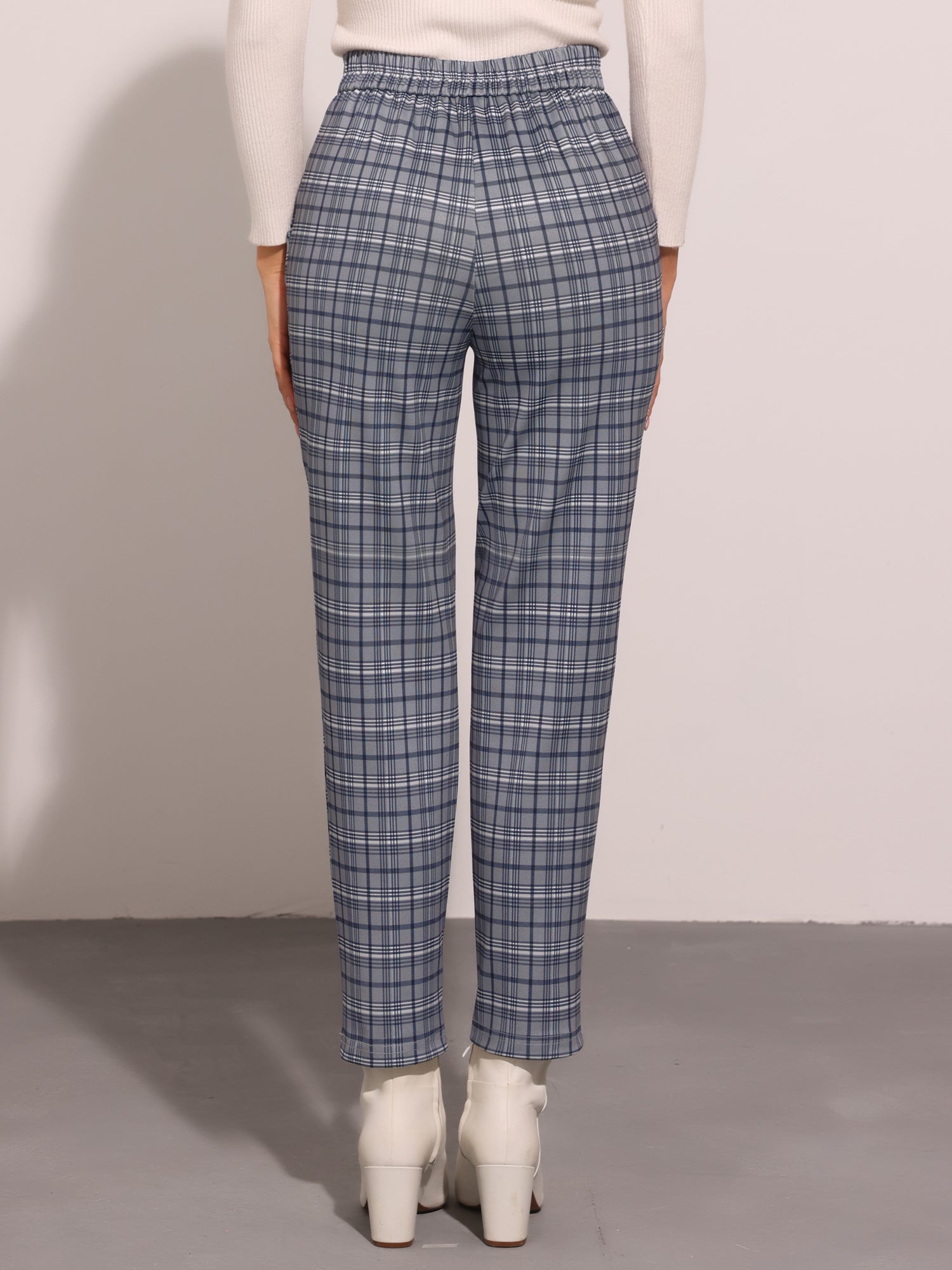 Vintage Tartan Plaid Pants Elastic Waist Straight Long Trousers