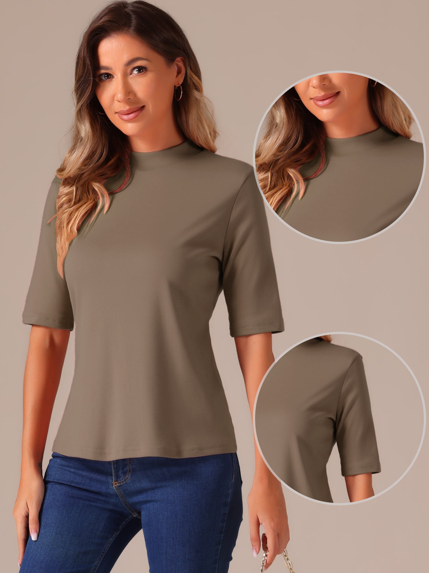 Mock Neck Solid Color Short Sleeves Casual T-shirts