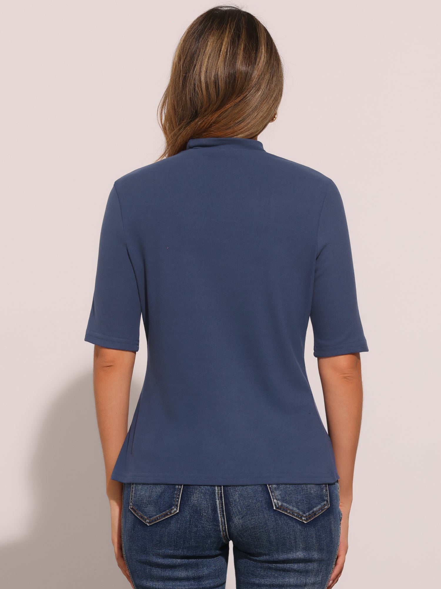 Mock Neck Solid Color Short Sleeves Casual T-shirts