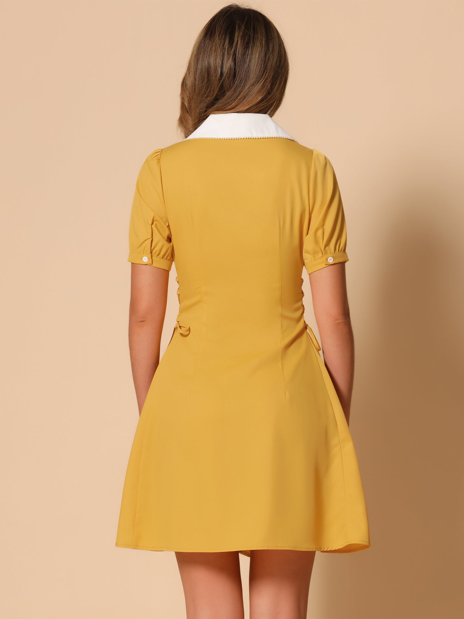 Vintage Peter Pan Collar Lace Up Button Down Dress