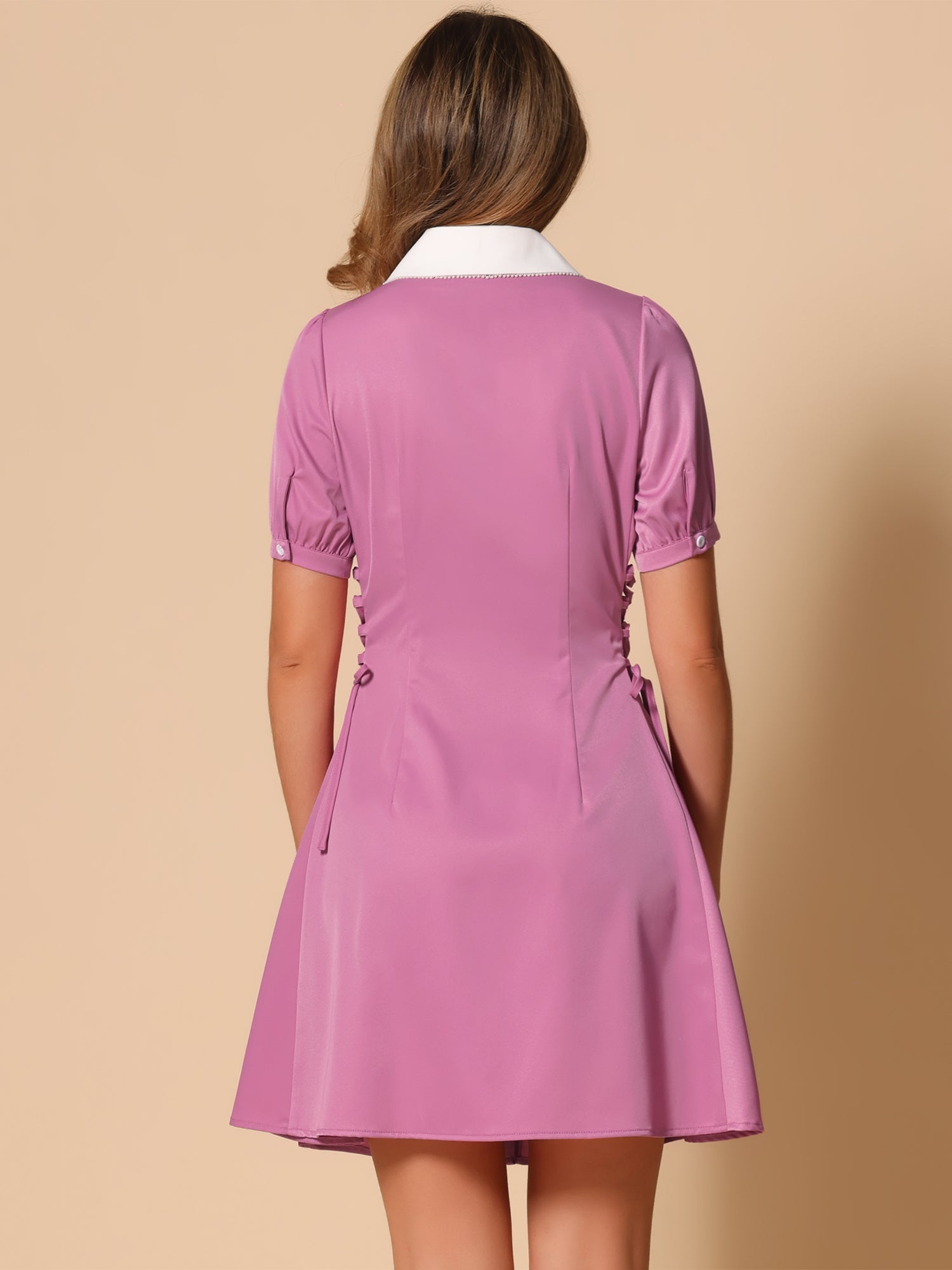 Vintage Peter Pan Collar Lace Up Button Down Dress