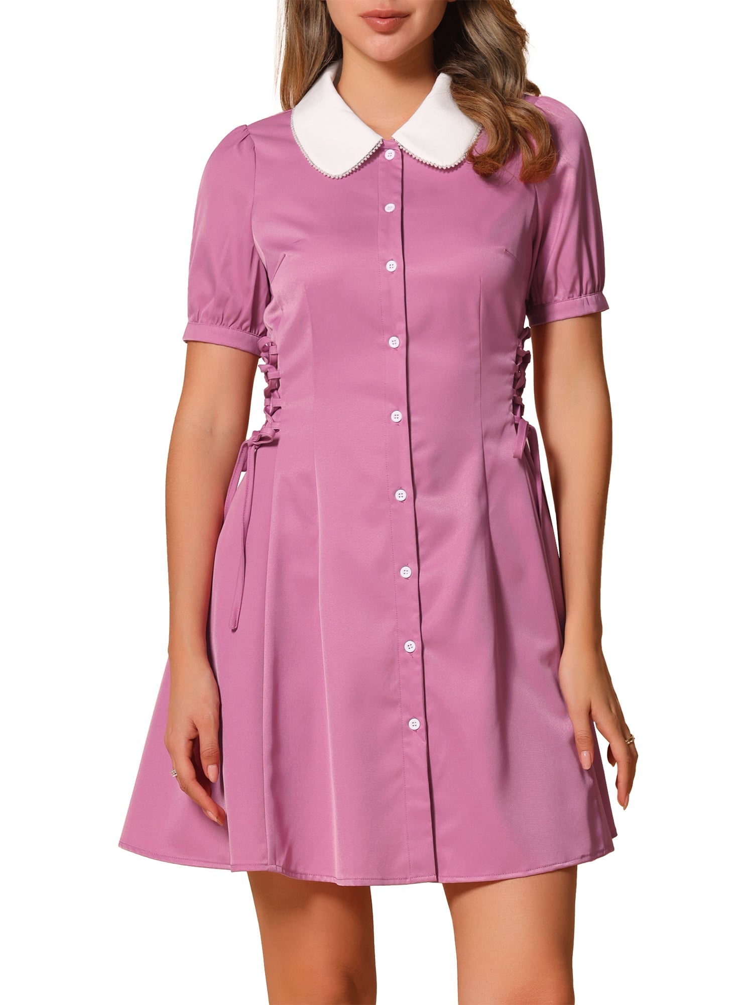 Vintage Peter Pan Collar Lace Up Button Down Dress