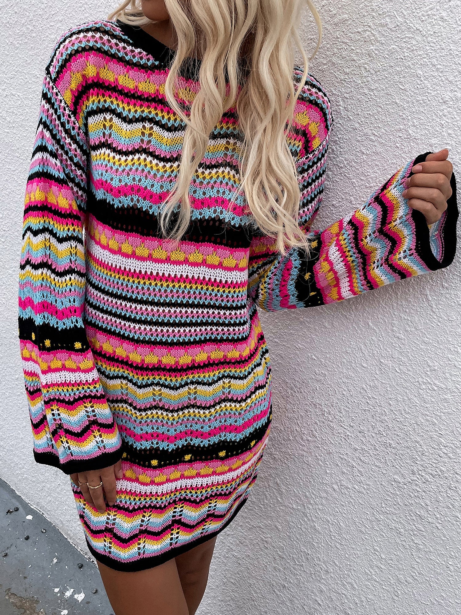 Round Neck Colorful Striped Pullover Mini Sweater Dress