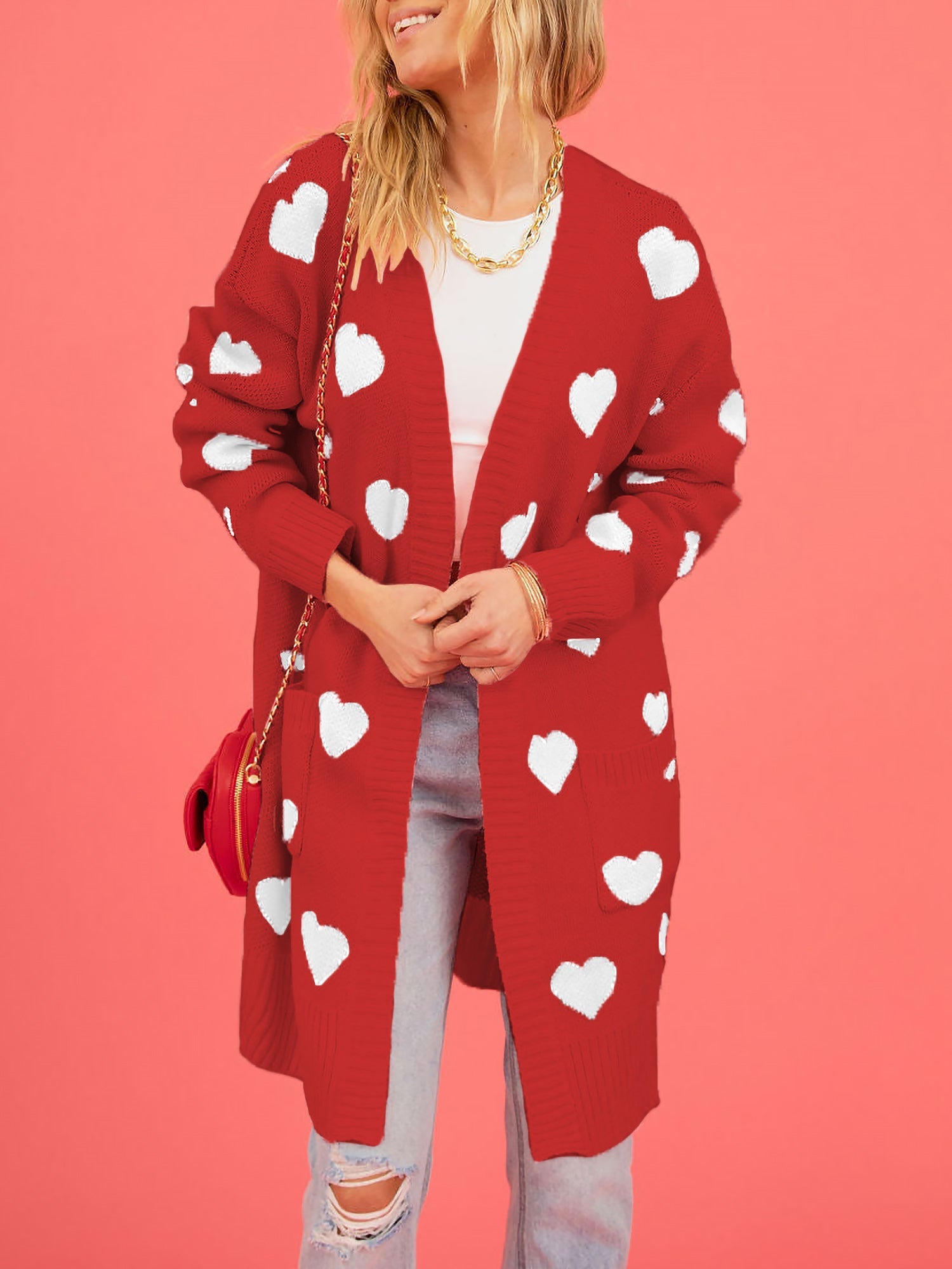 Heart Pattern Pocketed Mid Length Sweater Cardigan