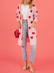 Heart Pattern Pocketed Mid Length Sweater Cardigan
