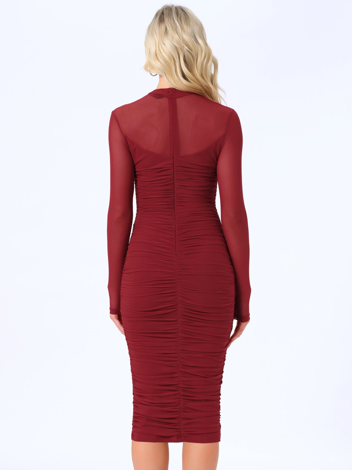 Mesh Sheer Mock Neck Ruch Cocktail Bodycon Midi Dress