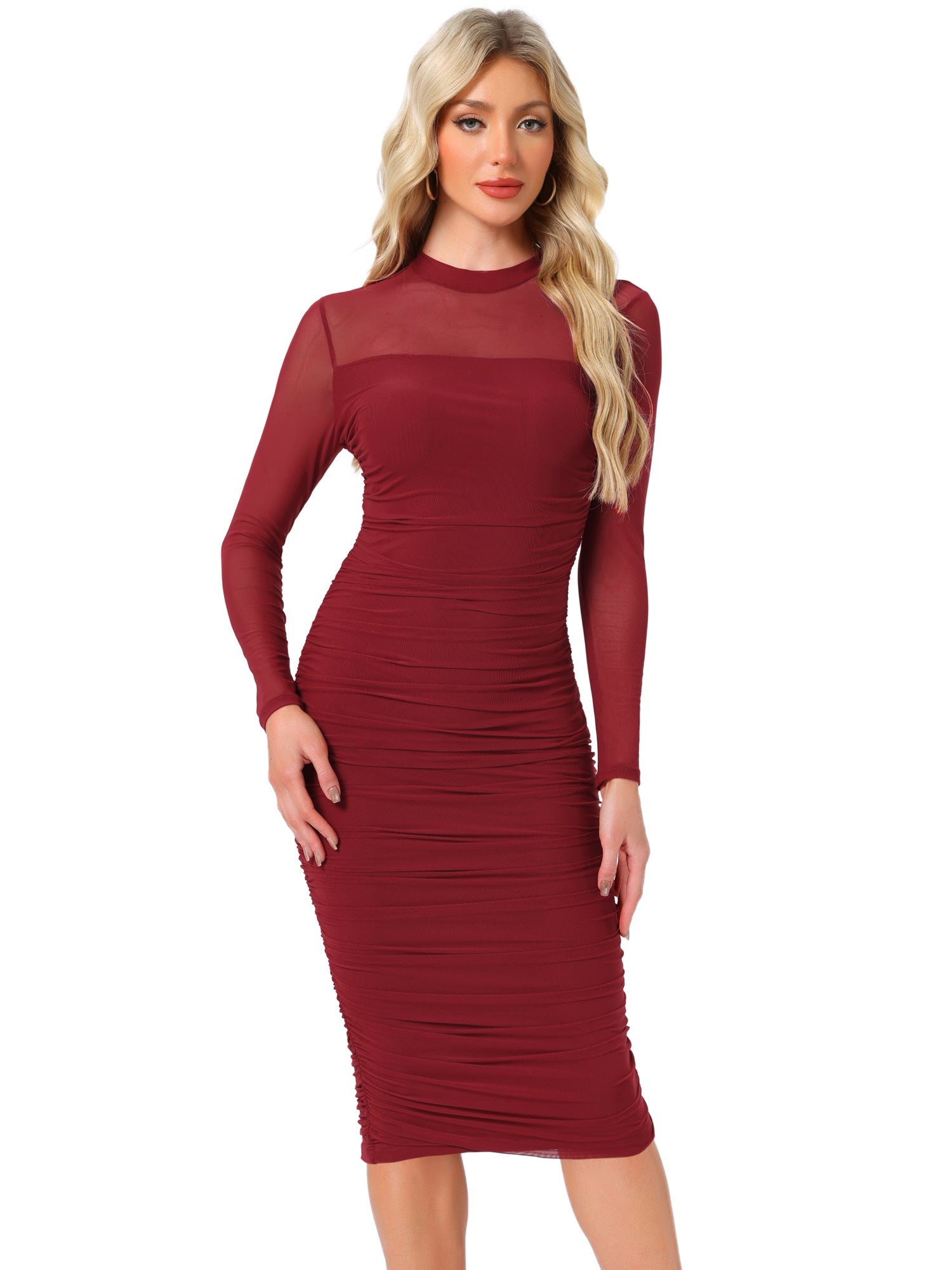 Mesh Sheer Mock Neck Ruch Cocktail Bodycon Midi Dress