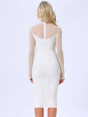 Mesh Sheer Mock Neck Ruch Cocktail Bodycon Midi Dress