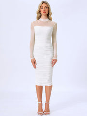 Mesh Sheer Mock Neck Ruch Cocktail Bodycon Midi Dress