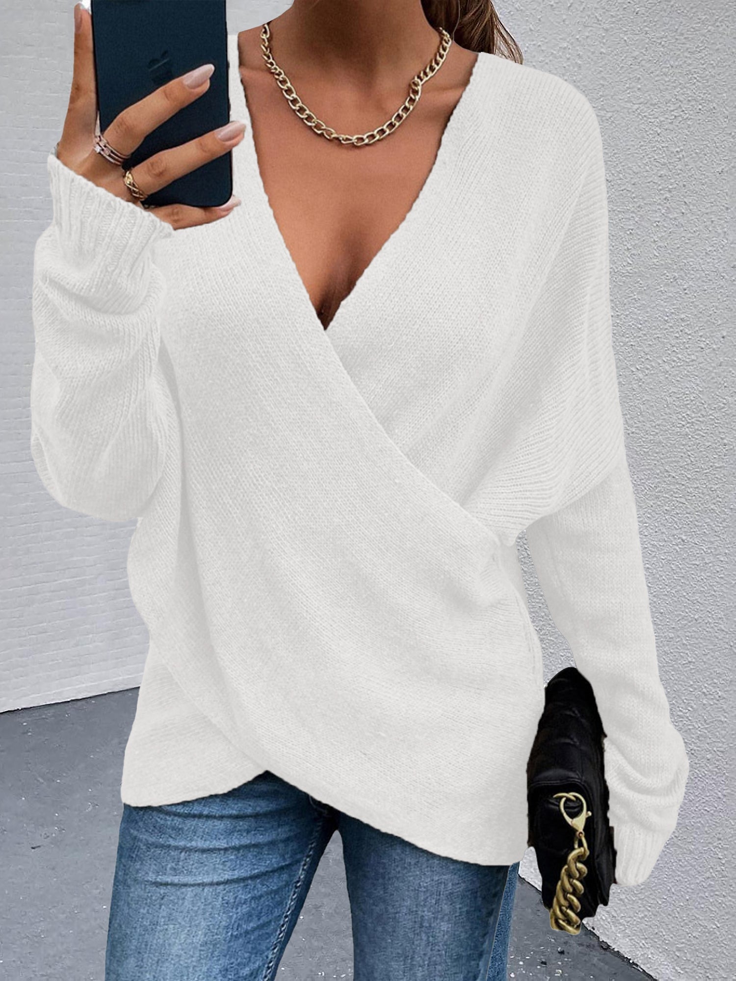 Cross V Neck Solid Color Long Sleeves Casual Sweater