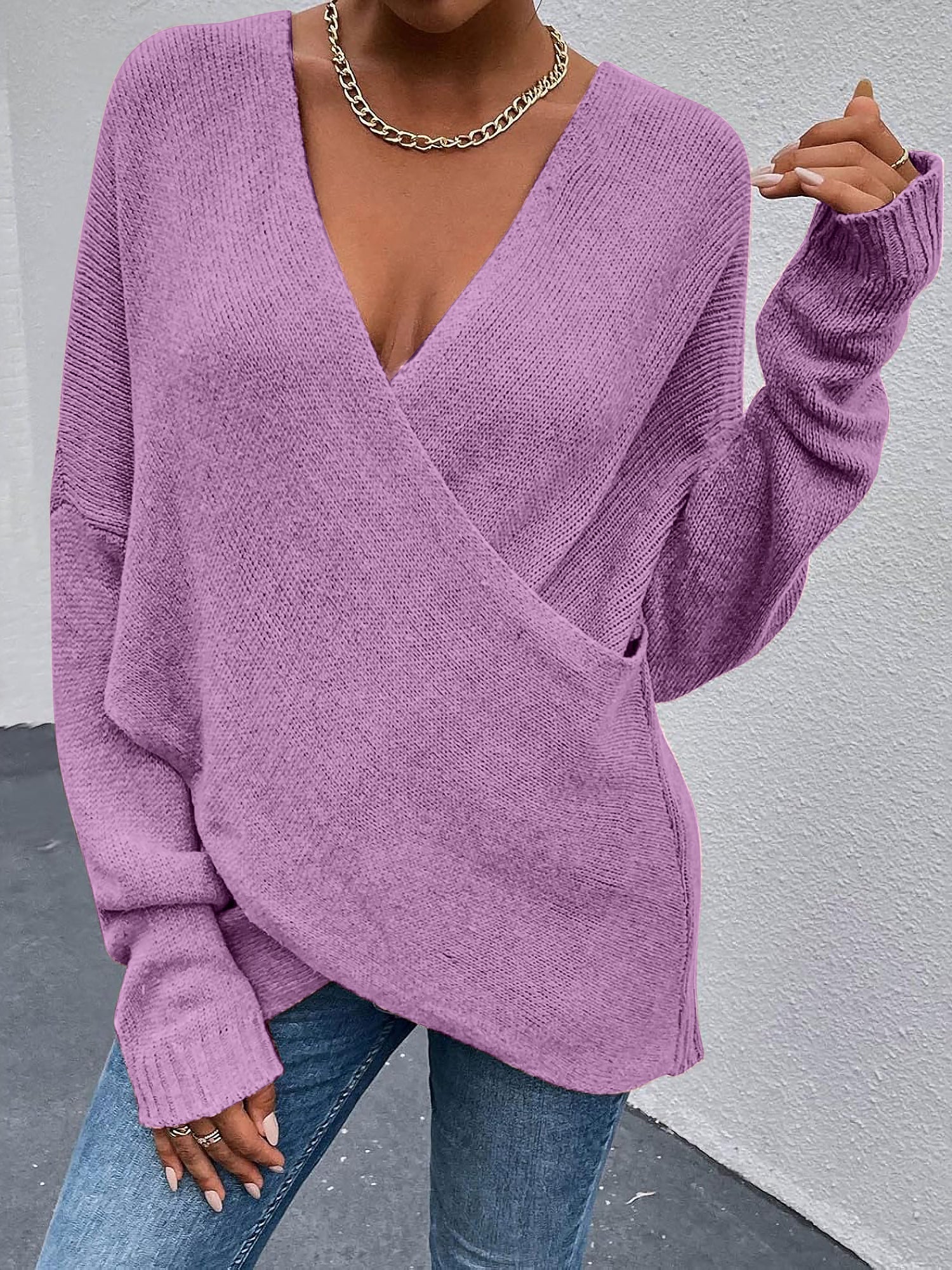 Cross V Neck Solid Color Long Sleeves Casual Sweater