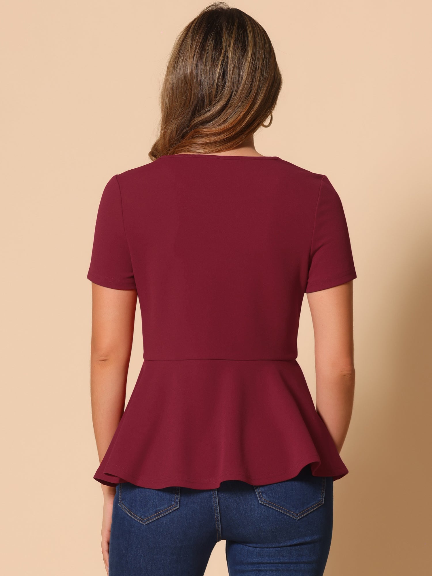 Short Sleeve Round Neck Solid Color Peplum Blouse