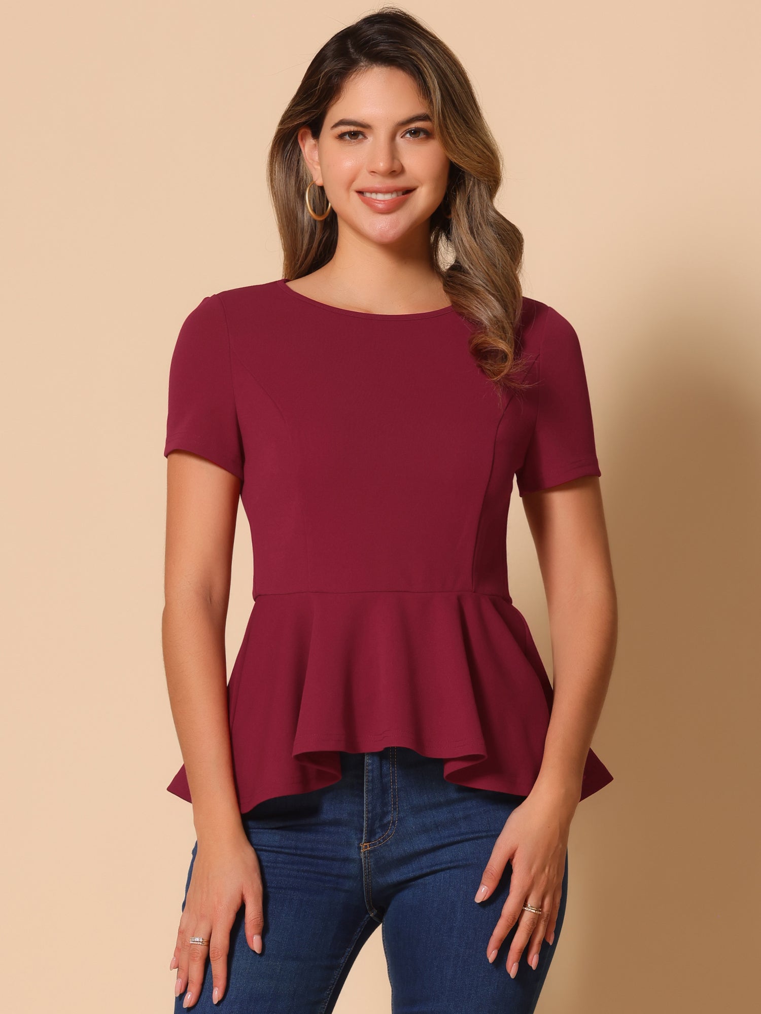 Short Sleeve Round Neck Solid Color Peplum Blouse