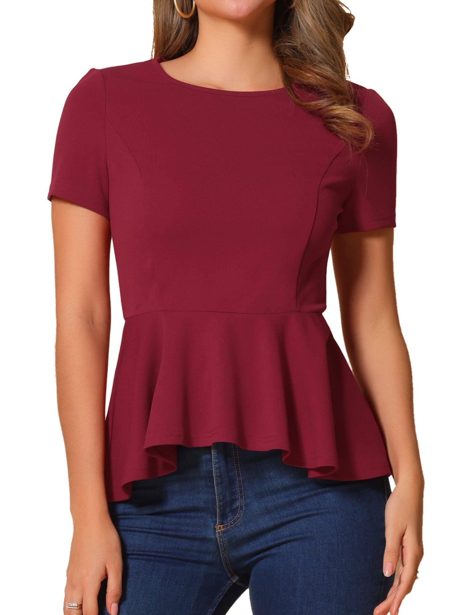 Short Sleeve Round Neck Solid Color Peplum Blouse