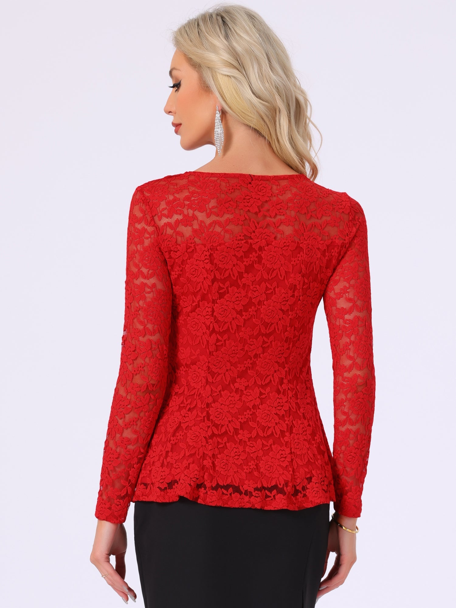 Lace Tops Keyhole Front Peplum Hem Sheer Long Sleeve Blouse