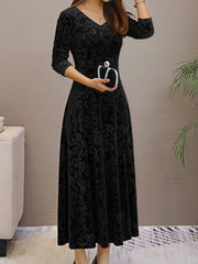Elegant Vintage Velvet Floral V Neck Long Sleeves Maxi Dress