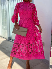 Elegant Boho Eyelet Mock Neck Long Sleeves Evening Maxi Dress